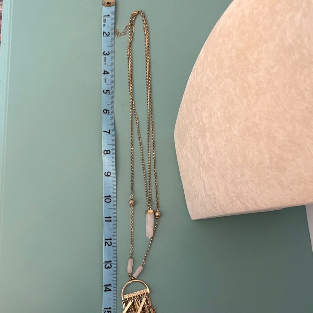 Gold-Tone Rose Quartz Stone Layered Tassel Necklace - Picture 9 of 9